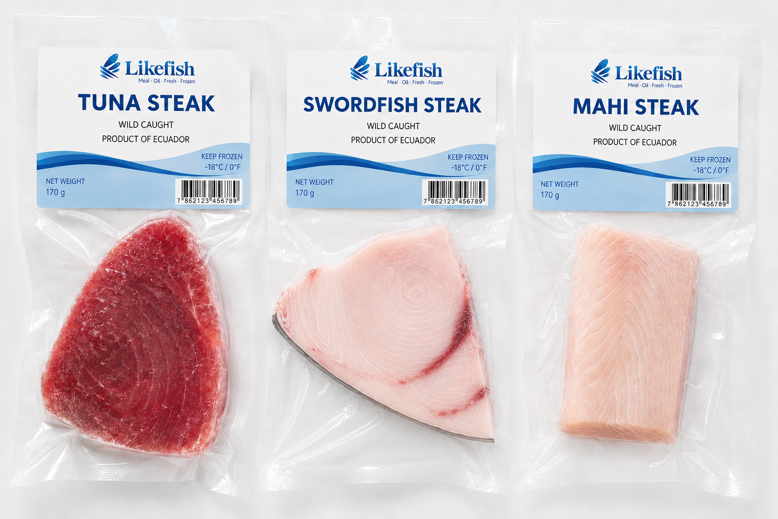 Likefish retail packaged tuna, swordfish and mahi steaks